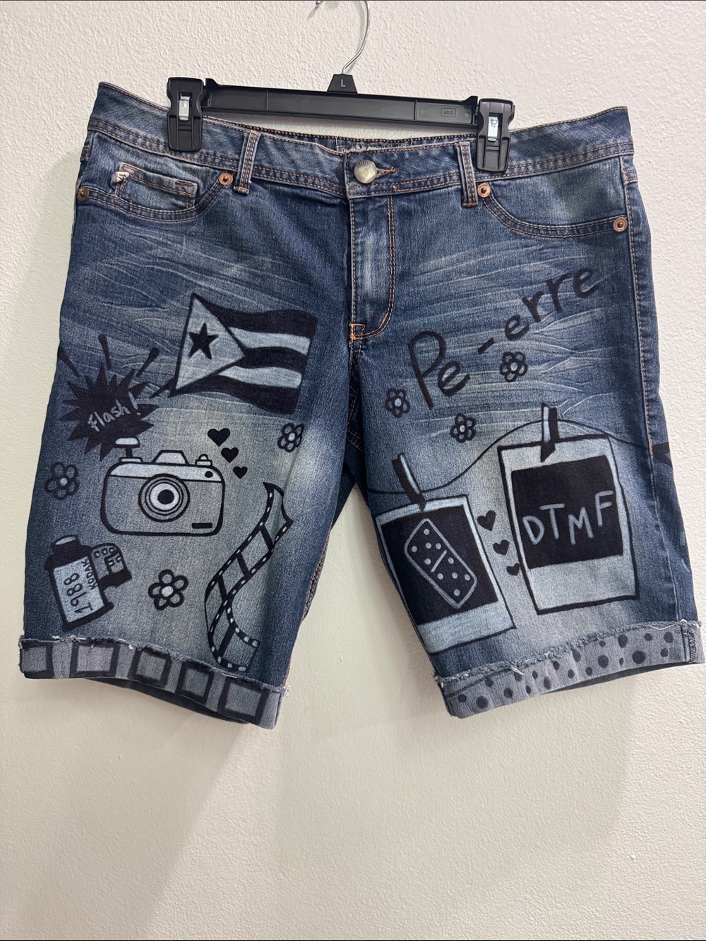 Unisex Denim Shorts with DTMF Bad Bunny Handmade Artwork